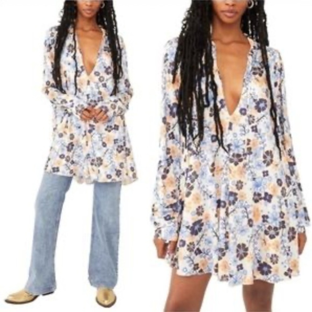 Free People Daisy Jane Mini Dress XS Floral Boho Cottagecore Babydoll